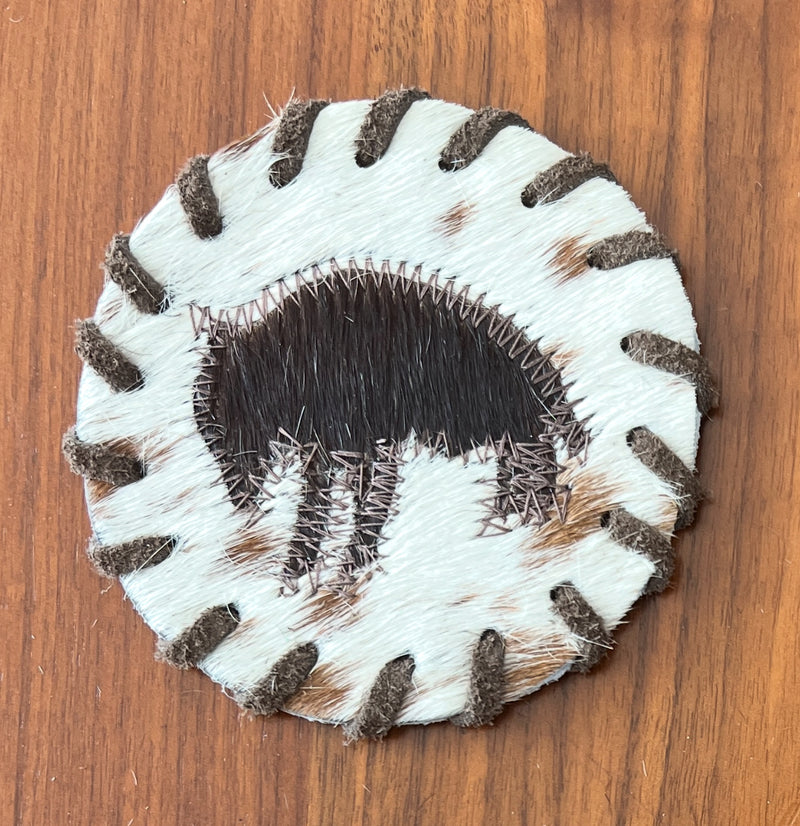 Handcrafted Circle Cowhide Coasters - Natural Leather Drink Mats - Bison Design