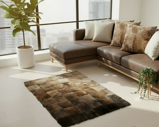 A rectangular patchwork area rug made of various shades of bison hide leather, arranged in a checkered pattern.