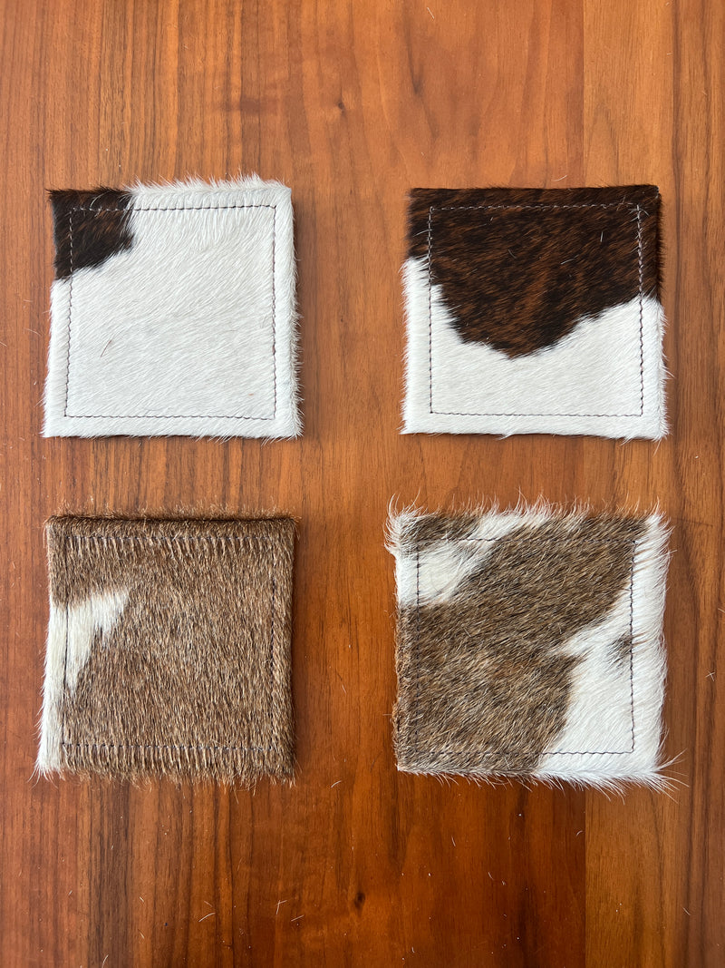 Handcrafted Square Cowhide Coasters - Natural Leather Drink Mats