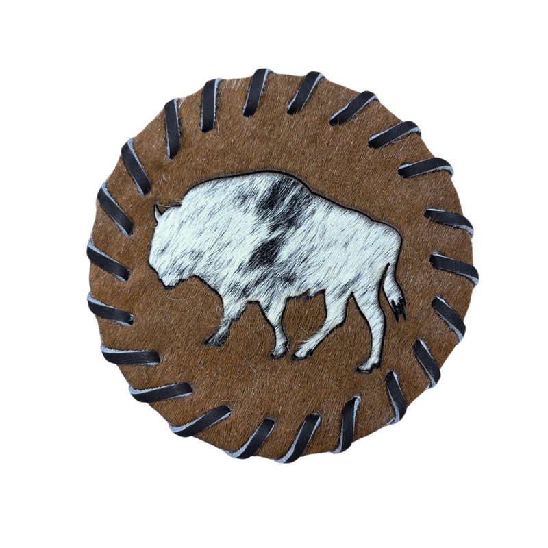 Handcrafted Circle Cowhide Coasters - Natural Leather Drink Mats Bison Design