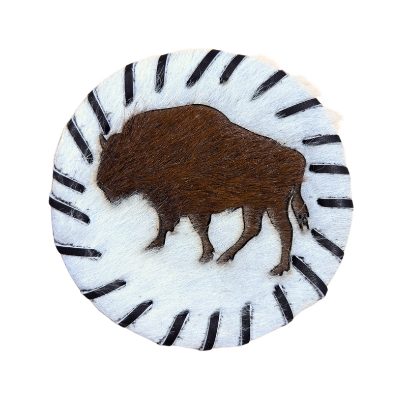 Handcrafted Circle Cowhide Coasters - Natural Leather Drink Mats Bison Design