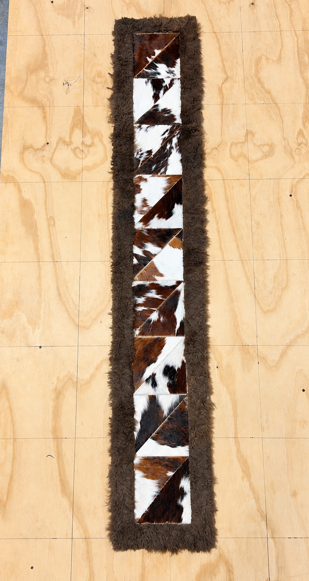 Rectangle Cowhide Patchwork Area Rug with Bison Trim - Tricolor, 1'x6'