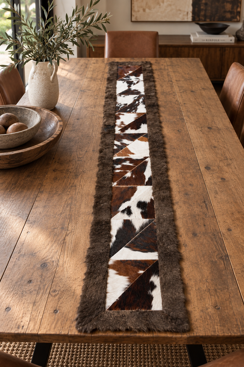 Rectangle Cowhide Patchwork Area Rug with Bison Trim - Tricolor, 1'x6'