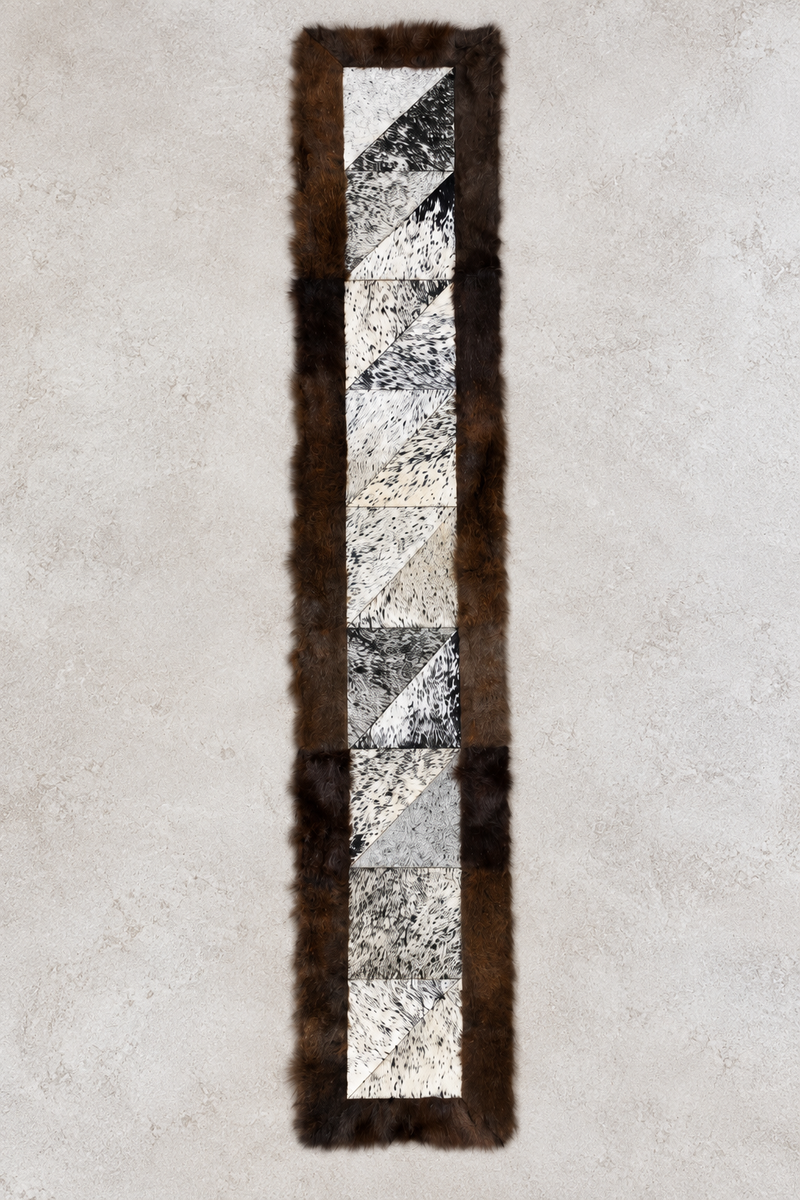 Rectangle Cowhide Patchwork Runner with Bison Trim - Black and White, 1'x6'