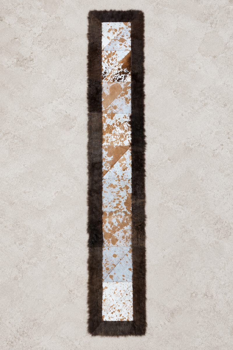 Rectangle Cowhide Patchwork Runner with Bison Trim - Brown and White, 1'x6'
