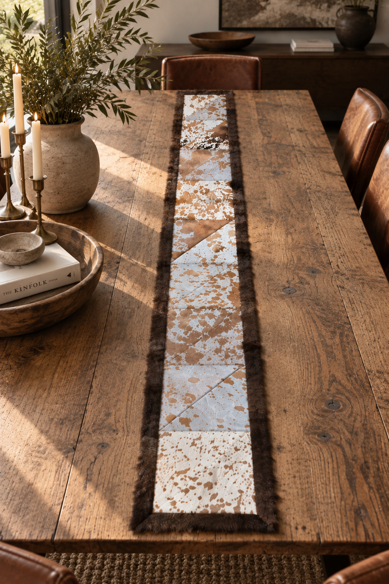 Rectangle Cowhide Patchwork Runner with Bison Trim - Brown and White, 1'x6'