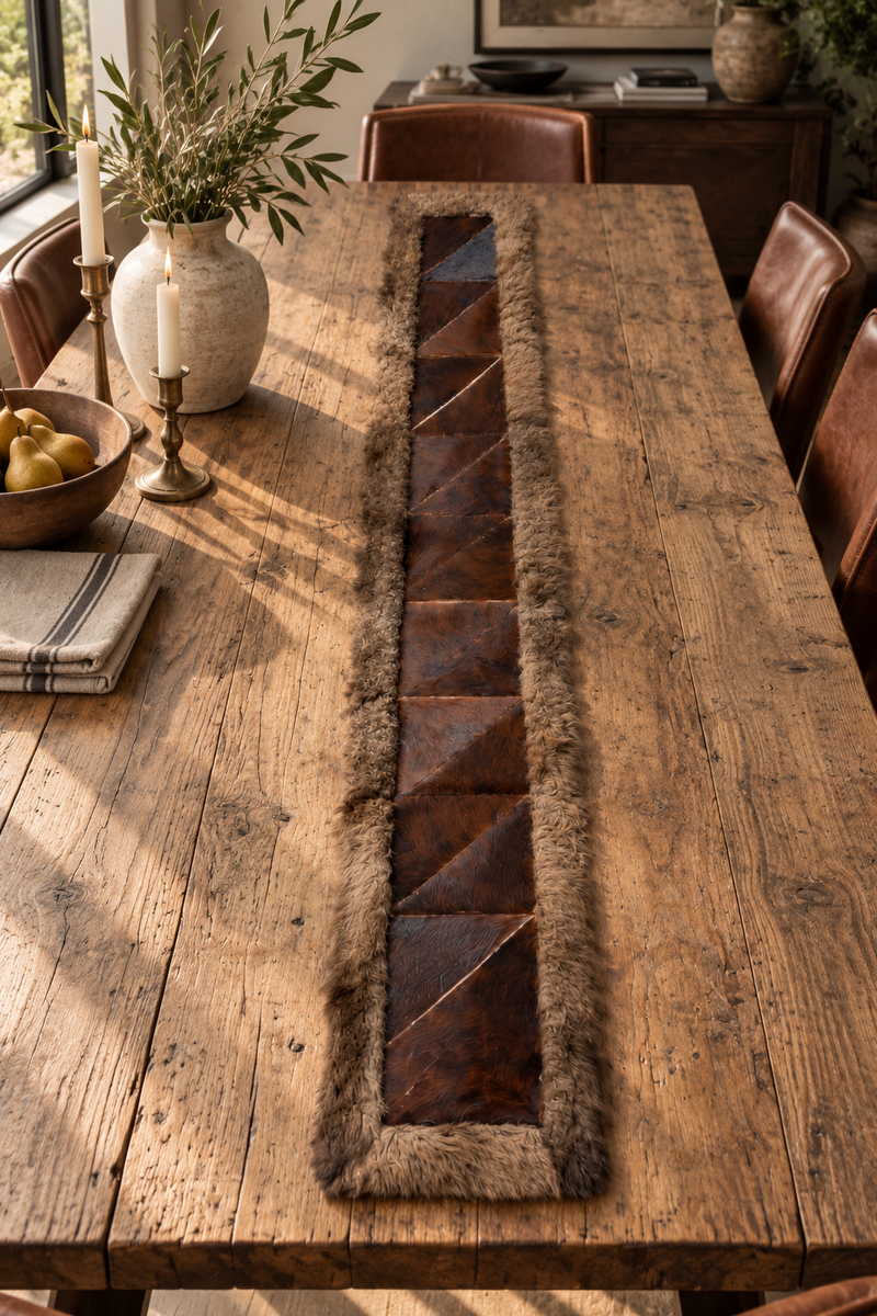 Rectangle Cowhide Patchwork Runner with Bison Trim - Brindle, 1'x6'