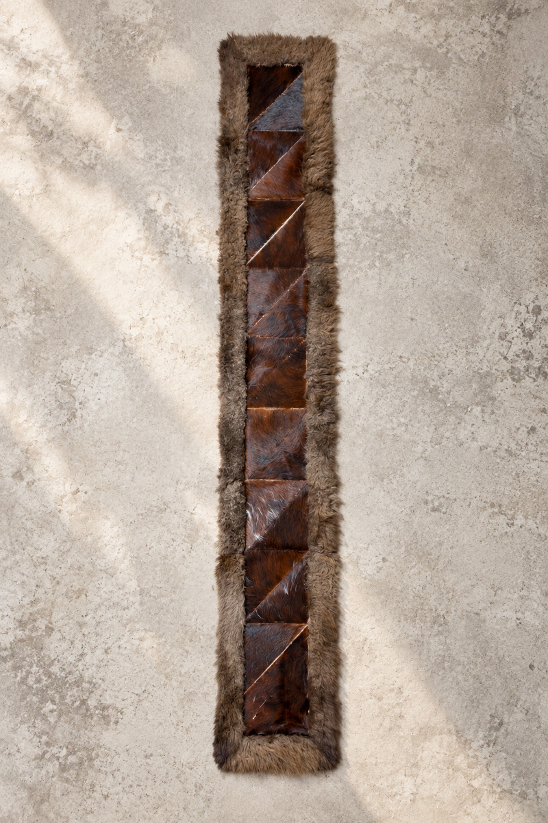 Rectangle Cowhide Patchwork Runner with Bison Trim - Brindle, 1'x6'