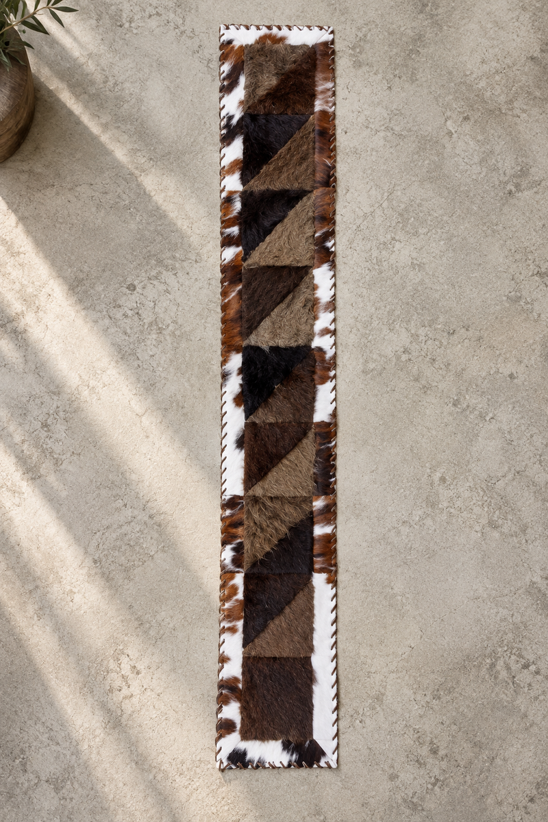 Rectangle Bison Patchwork Runner with Cowhide Trim - Tricolor, 1'x6'