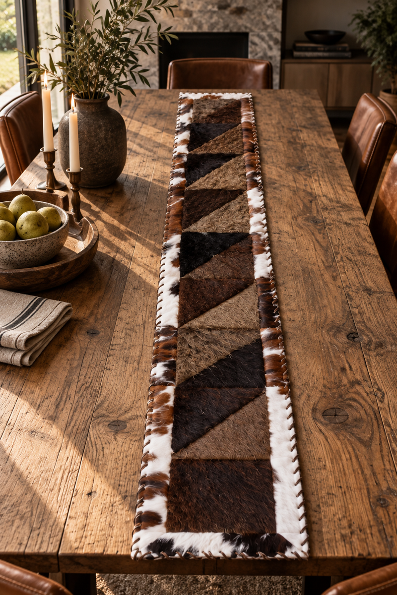 Rectangle Bison Patchwork Runner with Cowhide Trim - Tricolor, 1'x6'