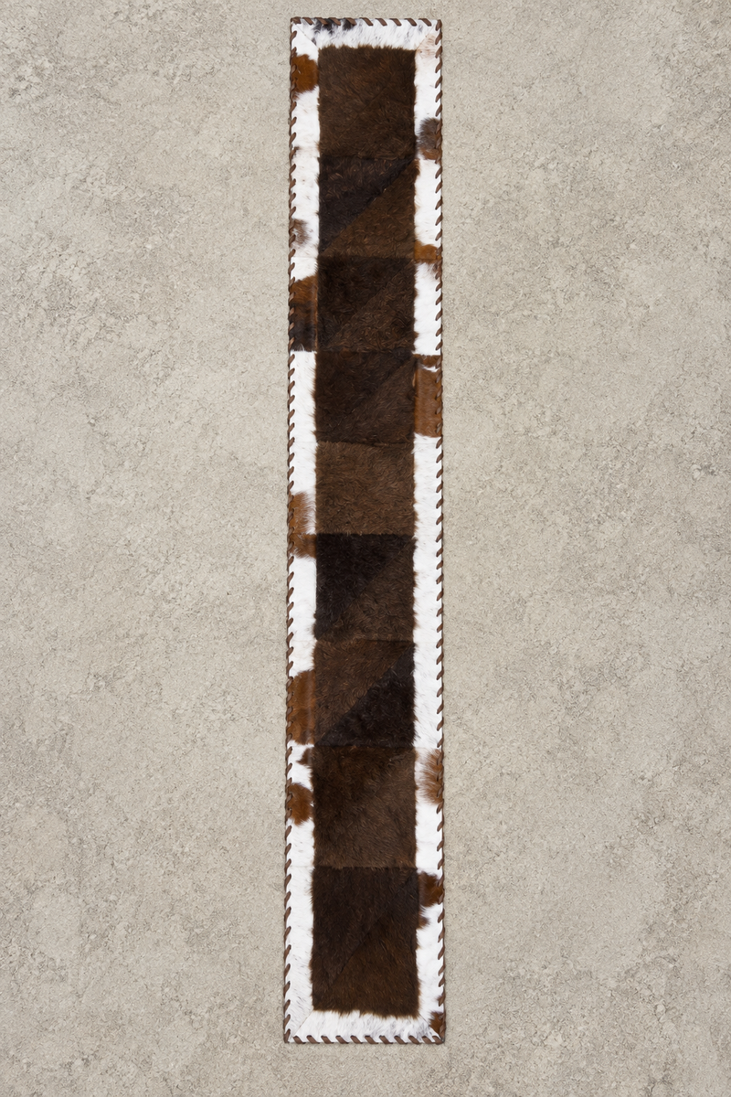 Rectangle Bison Patchwork Runner with Cowhide Trim - Brown and White, 1'x6'