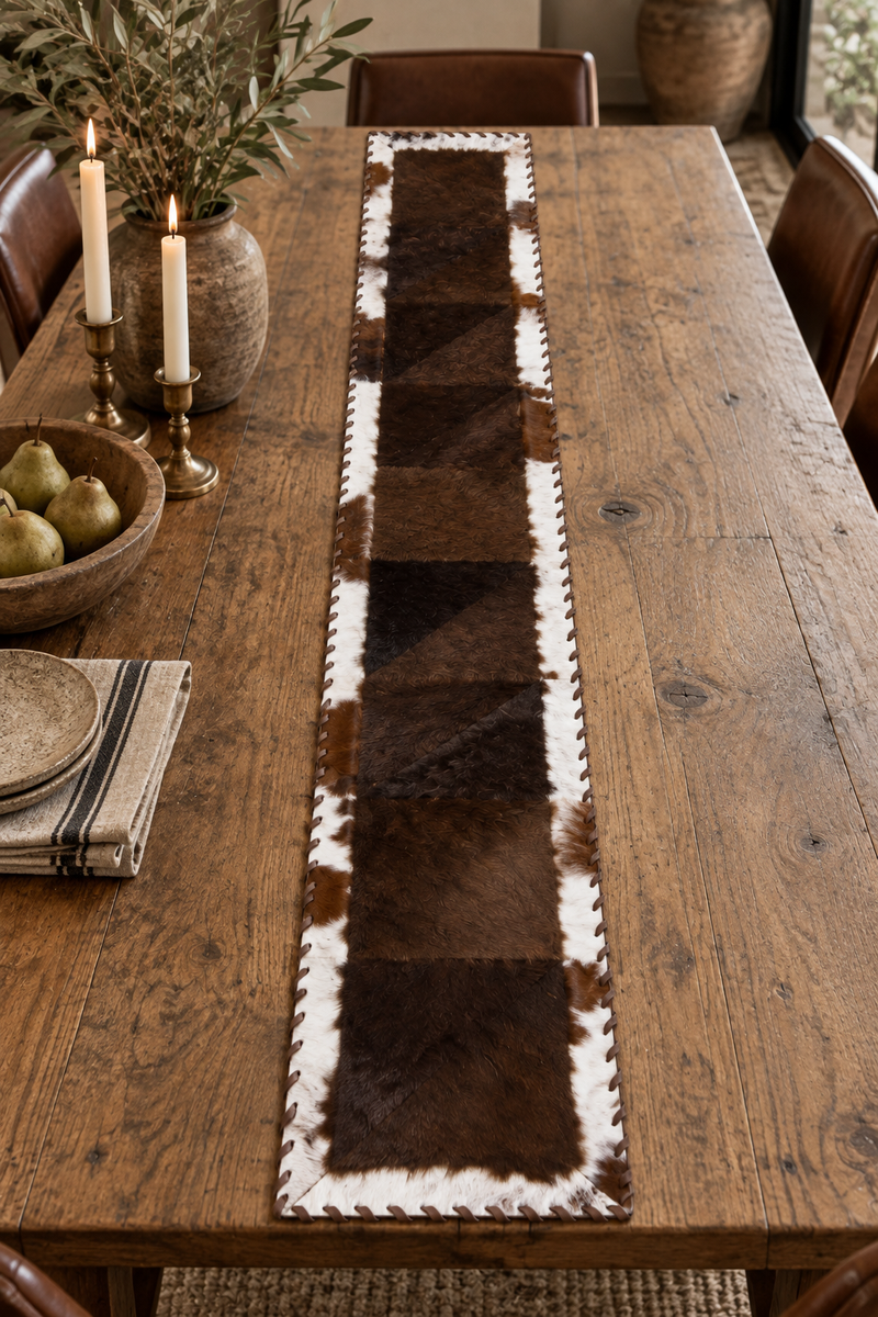 Rectangle Bison Patchwork Runner with Cowhide Trim - Brown and White, 1'x6'