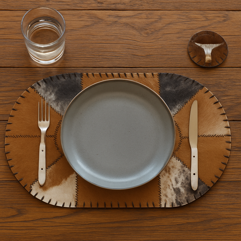 Genuine Cowhide Leather Oval Placemats & 4 Coasters Bundle