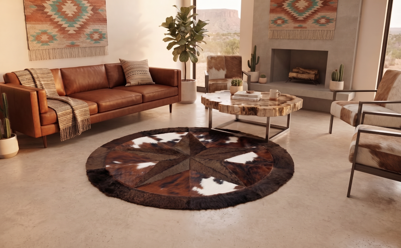 Round Bison Rug with Bison Star & Trim - Tricolor, 6'