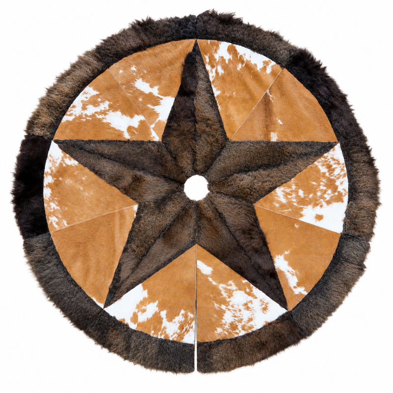 Round Bison Christmas Tree Skirt with Cowhide Star & Trim - Tricolor
