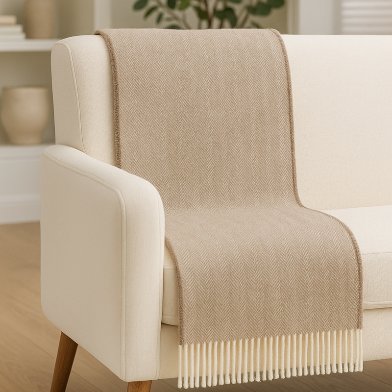 Beige throw blanket draped over a white armchair in a cozy living room.