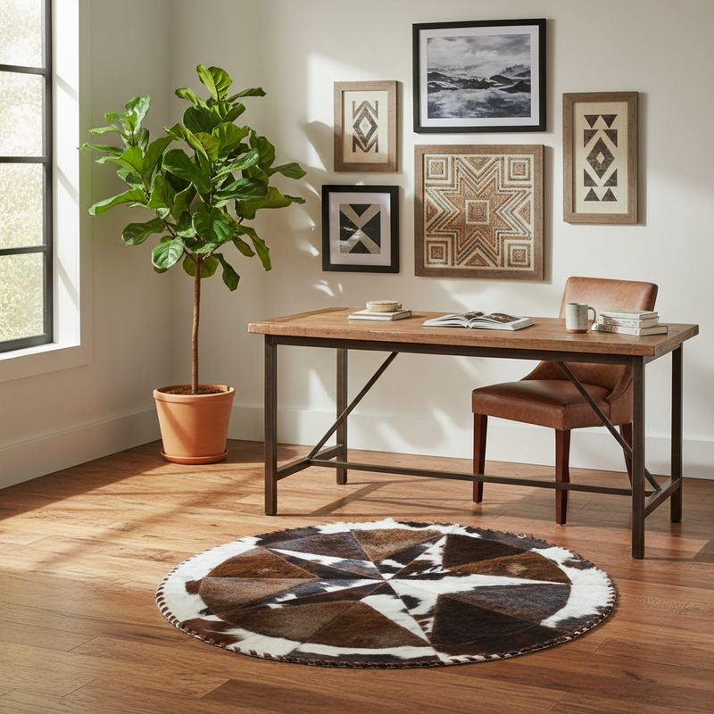 Round Buffalo Area Rug - Tricolor Cowhide Star & Edge, Bison Fill (42" Diameter)