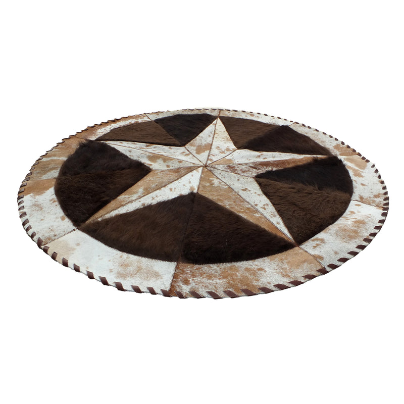Round Buffalo Area Rug – Tricolor Bison Center with Cowhide Star Border (60" Diameter)