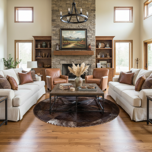 A round cowhide rug with a central star pattern and bison filler, in shades of brown.