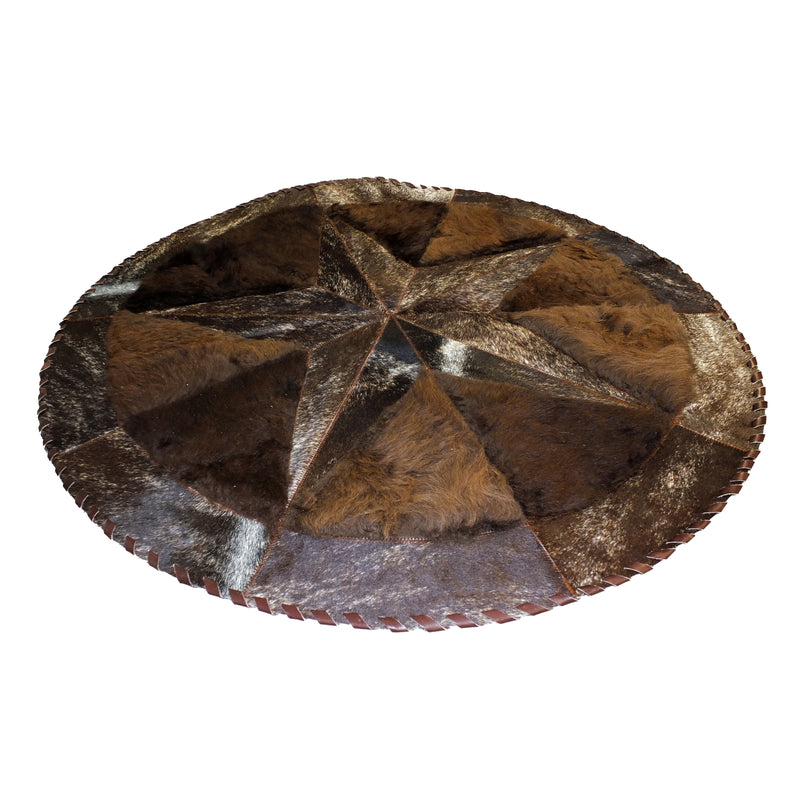 Round Buffalo Area Rug - Brindle Cowhide Star & Edge, Bison Fill (60" Diameter)