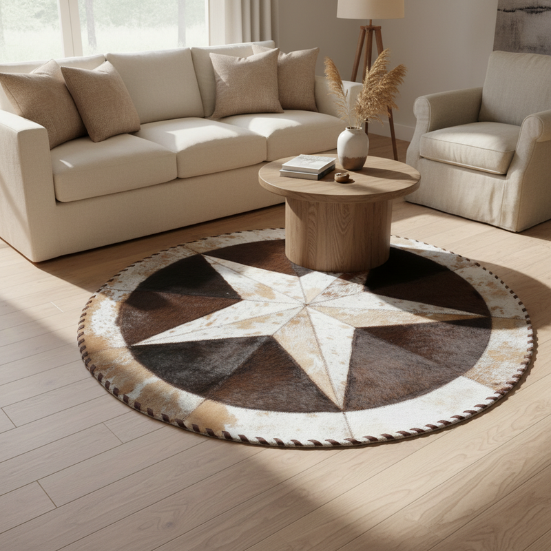Round Buffalo Area Rug – Tricolor Bison Center with Cowhide Star Border (60" Diameter)