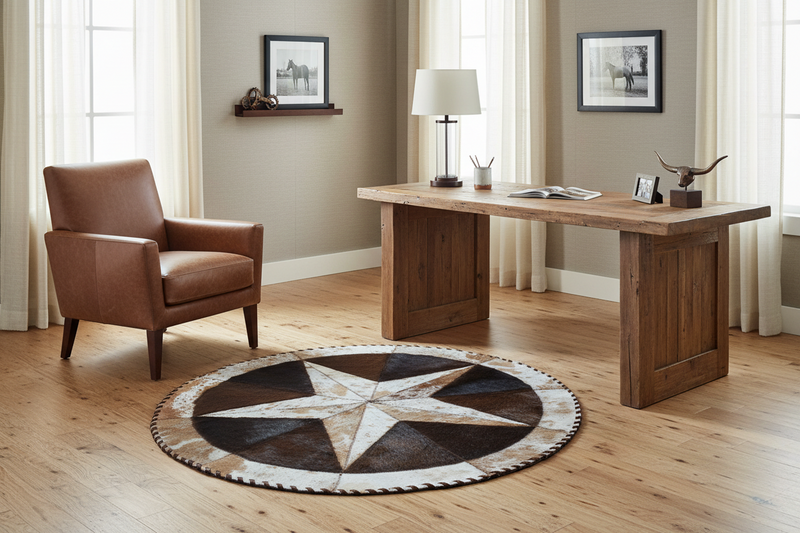 Round Buffalo Area Rug – Brown Speckled Bison Center with Cowhide Star Border (42" Diameter)