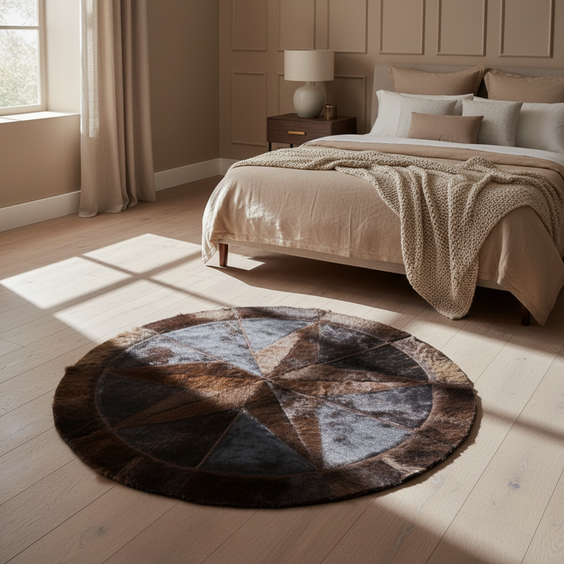 Round Buffalo Area Rug - Brindle Cowhide Fill with Bison Star & Border (60" Diameter)