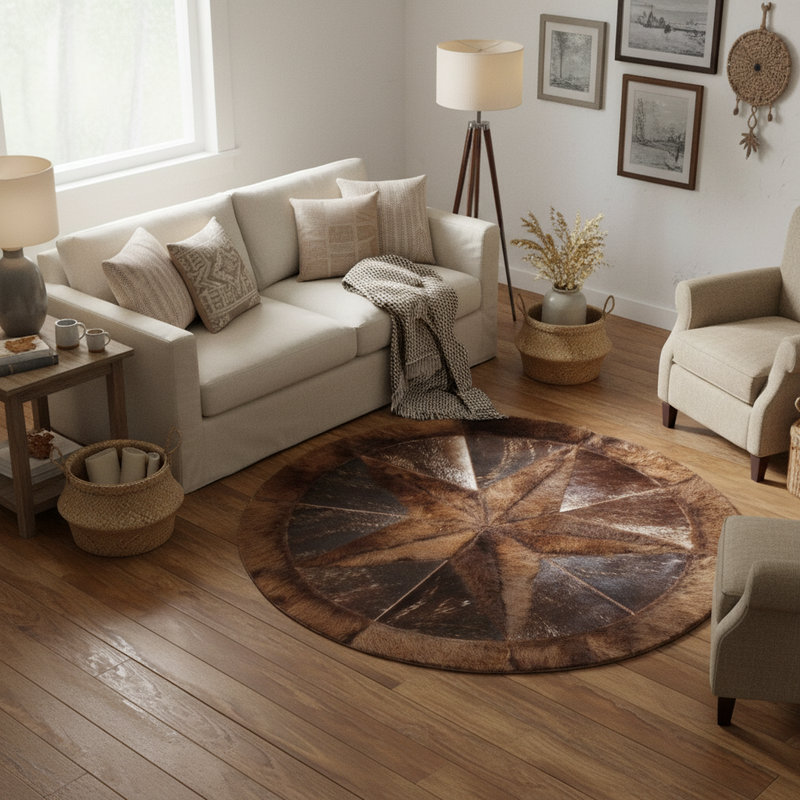 Round Buffalo Area Rug – Bison Star and Border (60" Diameter)Brindle