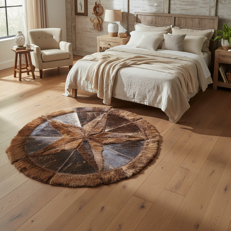 Round Buffalo Area Rug – Brindle Cowhide Fill with Bison Star & Border (42" Diameter)