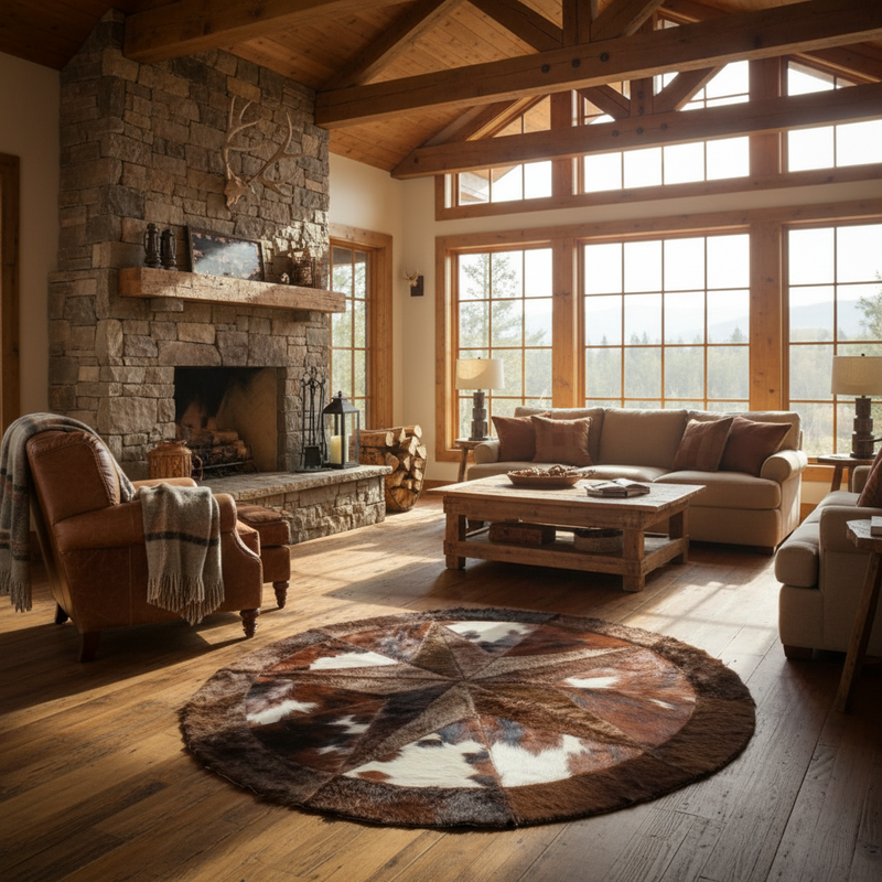 Round Buffalo Area Rug – Tricolor Bison with Star Border (60" Diameter)