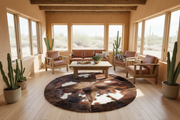 A round cowhide rug with a central star pattern and a tricolor design consisting of brown, black, and white patches.