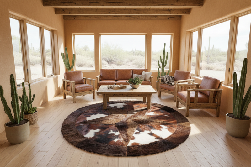 A round cowhide rug with a central star pattern and a tricolor design consisting of brown, black, and white patches.
