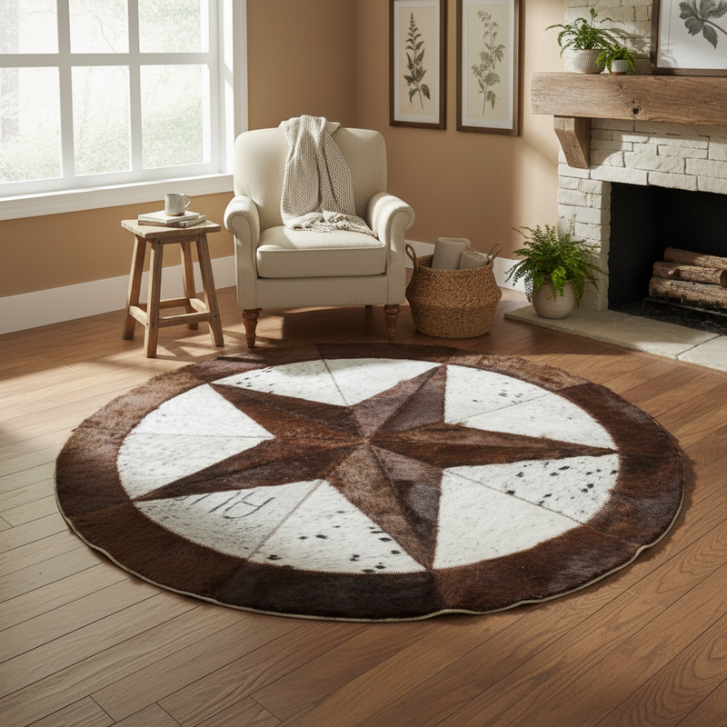 Round Buffalo Area Rug – Black Speckled Bison with Star Border (72" Diameter)