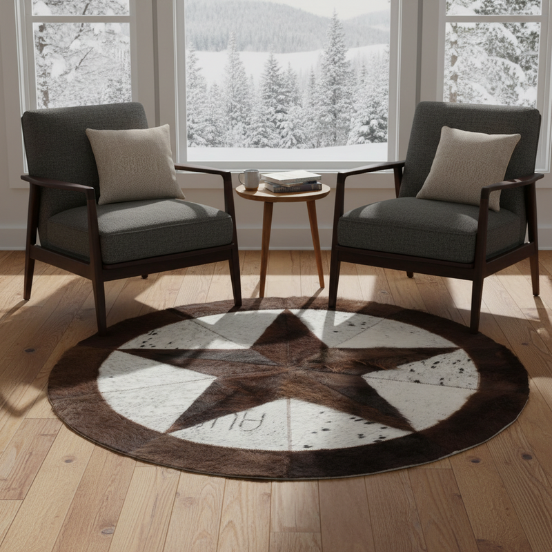 Two dark gray chairs with wooden armrests in a room with large windows showing a snowy landscape.