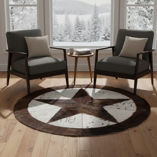 Two dark gray chairs with wooden armrests in a room with large windows showing a snowy landscape.