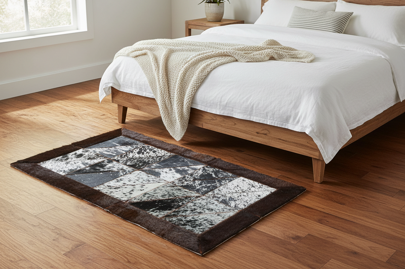 Rectangle Patchwork Rug Runner – Black & White Speckled Cowhide with Bison Leather Border (2' x 3')