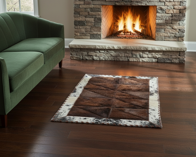 Rectangle Bison Patchwork Rug with Cowhide Trim - Black Speckled, 2' x 3'