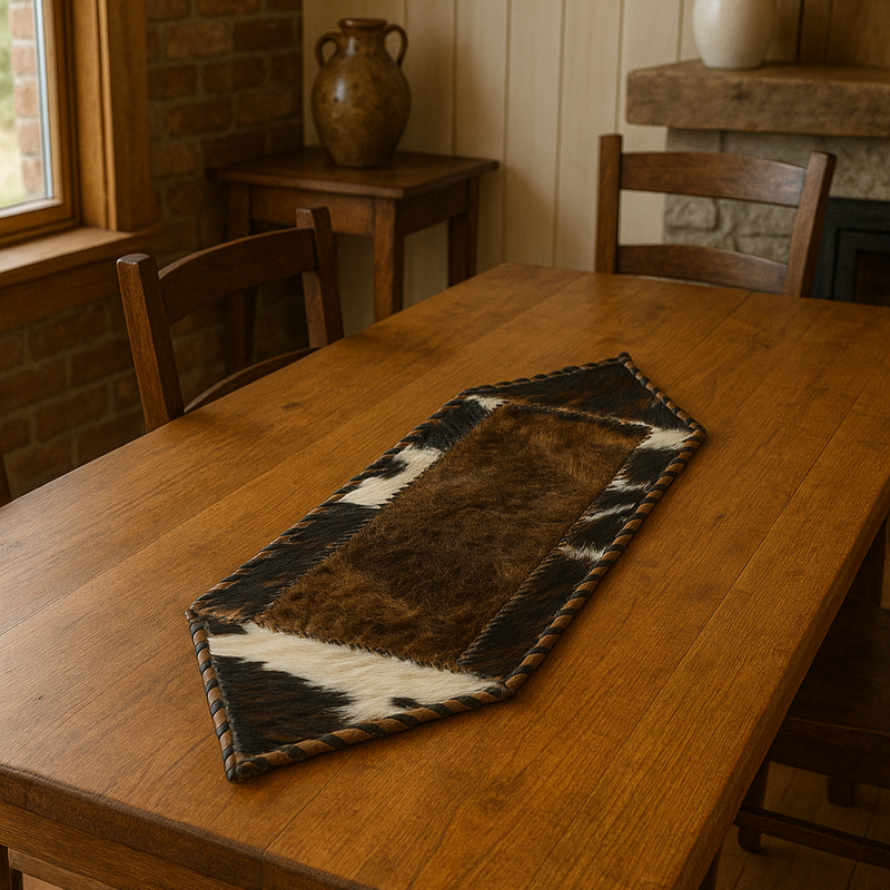 Rustic Cowhide and Bison Leather Table Runner – Hand-Stitched Western Decor - Tricolor