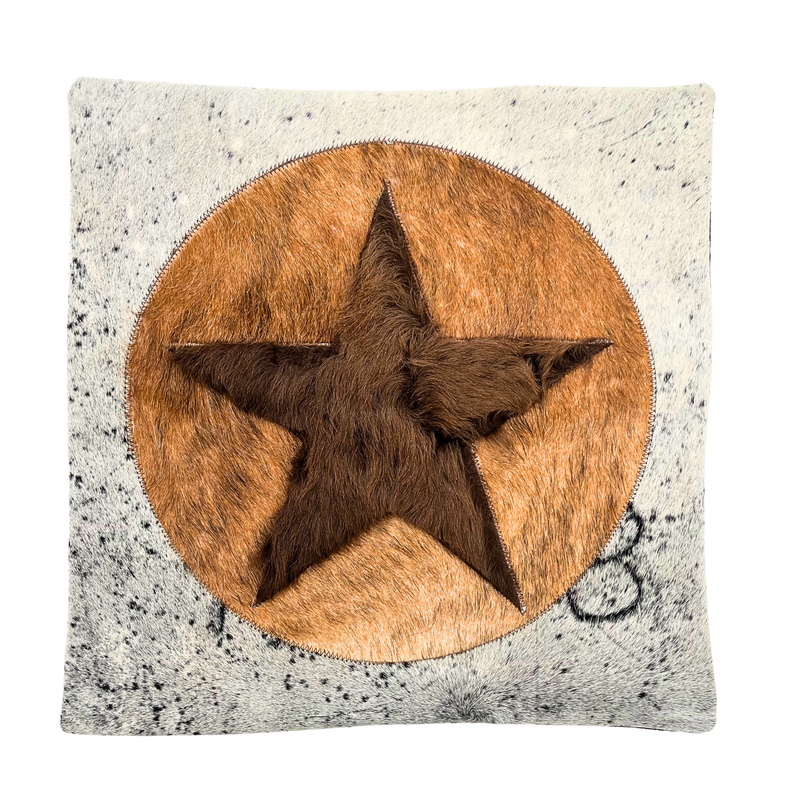 Brown & White - Light Cowhide & Buffalo Hide Star Pillow Cover, 18”x18”