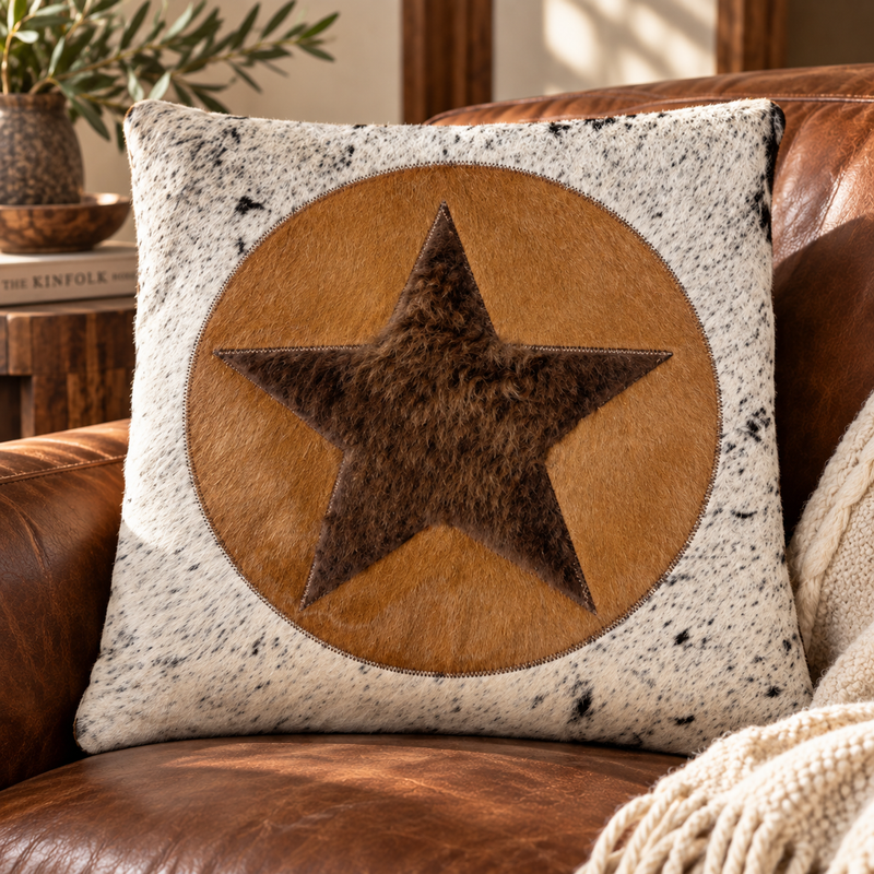 Black Circle & White Speckled Cowhide & Buffalo Hide Star Pillow Cover, 20" x 20"
