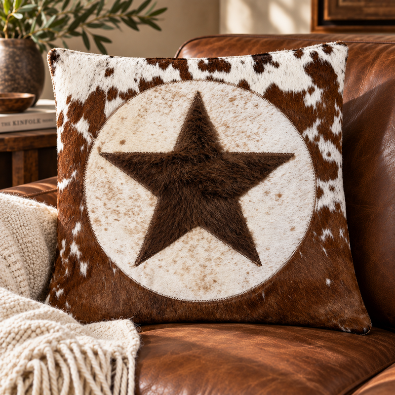 Brown and White Cowhide & Buffalo Star Pillow Cover - 20"x20”