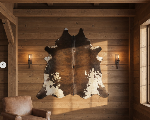 A large, irregularly shaped bison rug with a patchy brown and white pattern, displayed on a plain background.