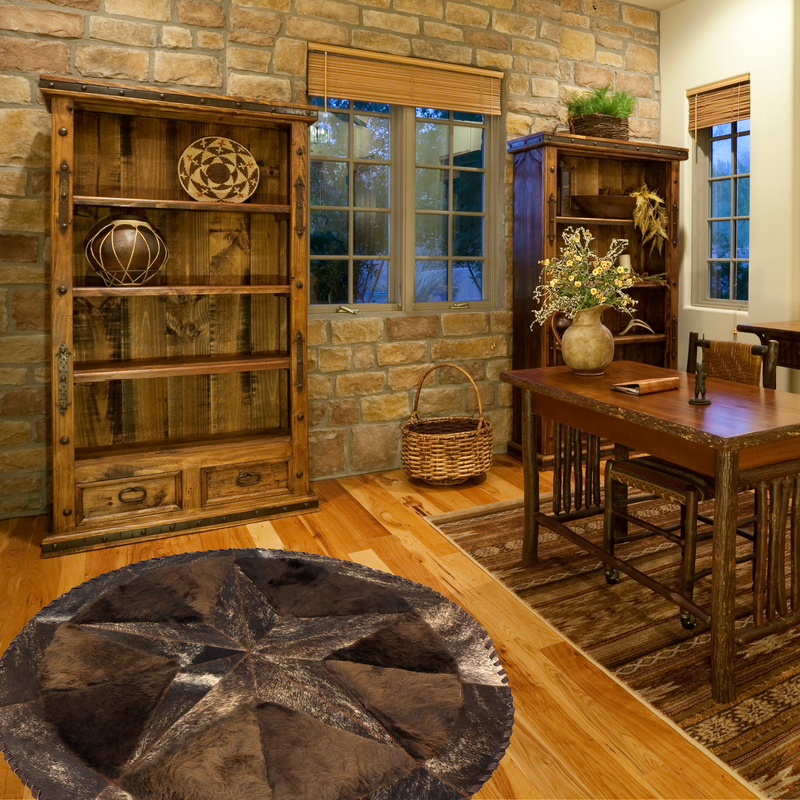 Round Buffalo Area Rug - Brindle Cowhide Star & Edge, Bison Fill (42" Diameter)
