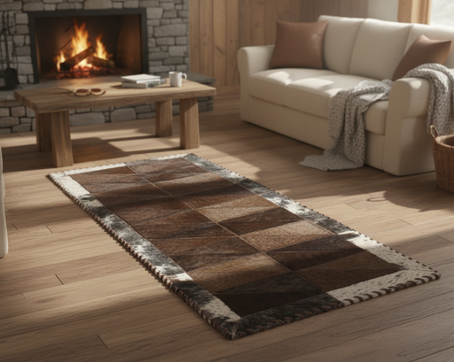 Living room with a checkered rug, sofa, and fireplace.