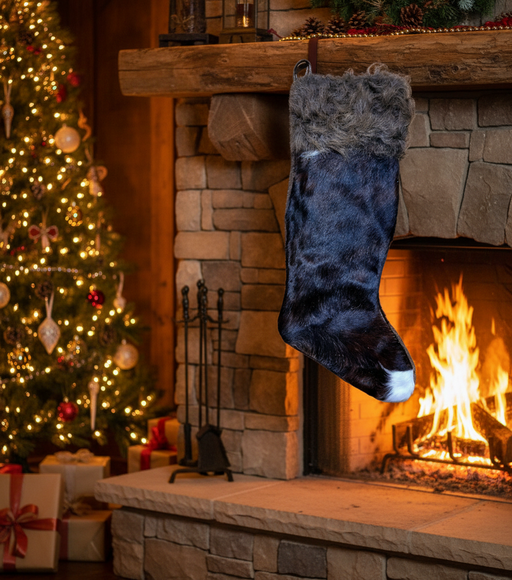 A rustic Christmas stocking with cowhide leather in a tri-color pattern, featuring a plush buffalo design on the lower half and a loop for hanging.