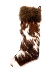 A brown and white buffalo/bison hair Christmas stocking with cowhide leather trim, featuring a spacious design for gifts.