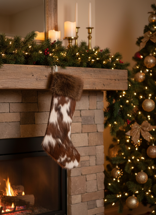 Christmas stocking hanging by a fireplace with a decorated Christmas tree in the background.