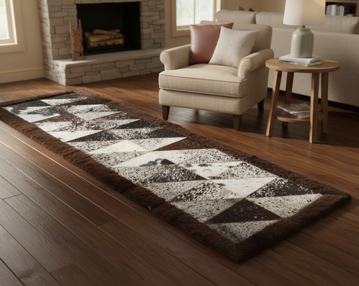Living room with a checkered area rug, beige armchair, and fireplace.