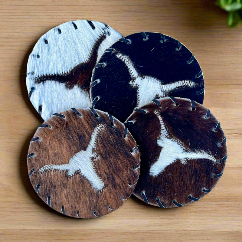 Handcrafted Circle Cowhide Coasters - Natural Leather Drink Mats - Longhorn Design