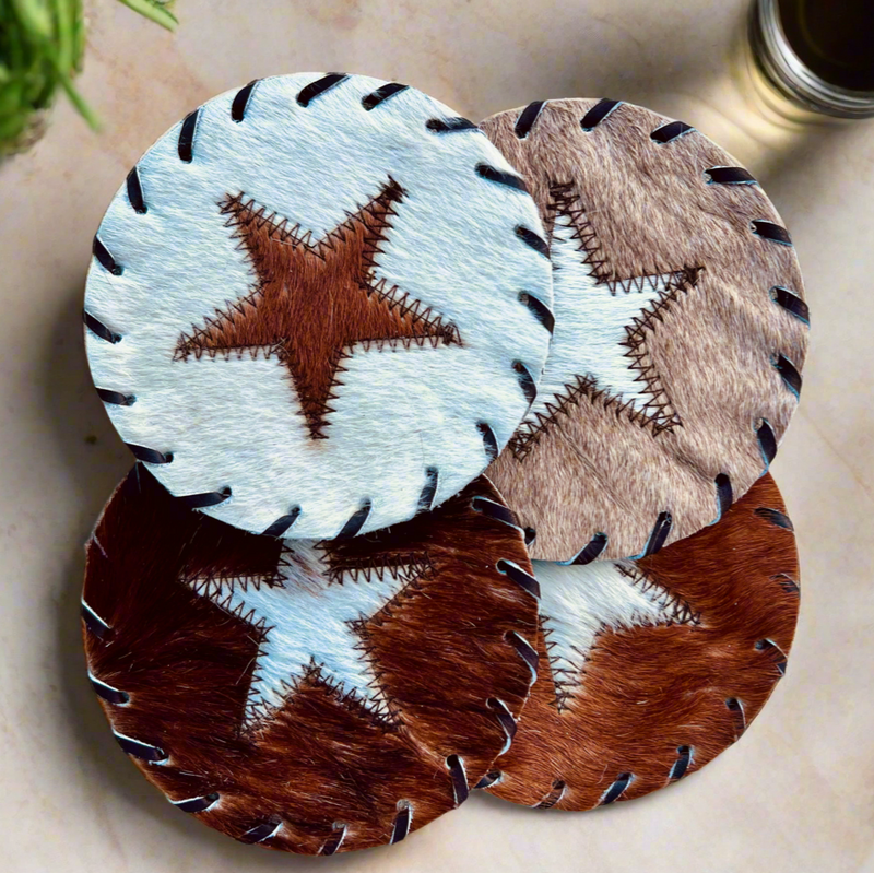 Handcrafted Circle Cowhide Coasters - Natural Leather Drink Mats - Star Design